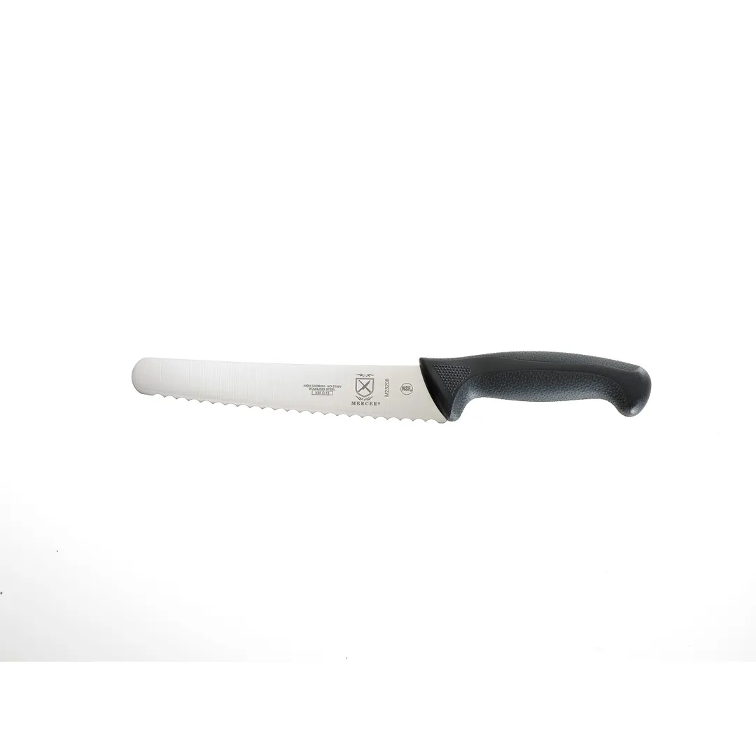 Mercer M23208 Bread Knife, 8" Stamped High‑Carbon Steel, Black Santoprene Handle With Finger Guard