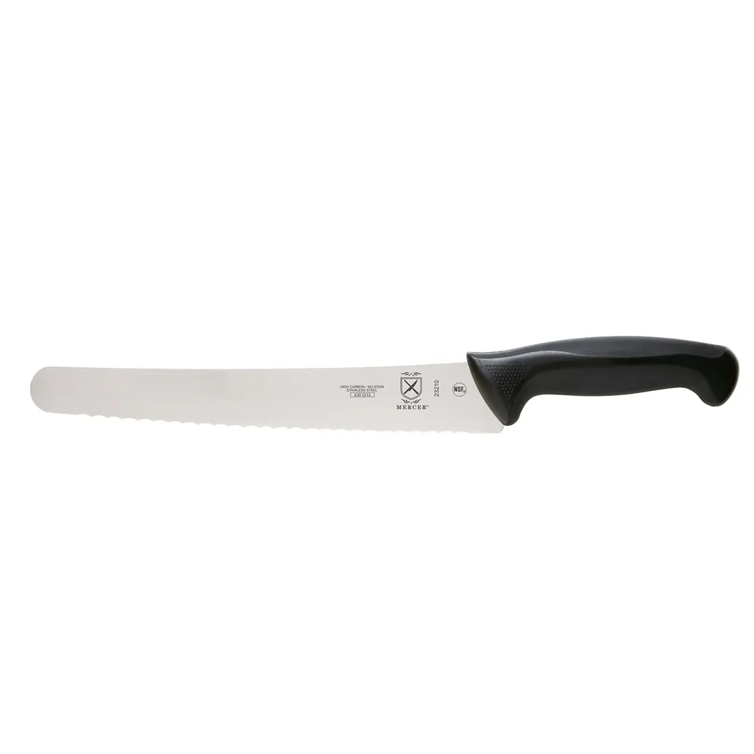 Mercer M23210 Millennia Bread Knife, 10" Black Santoprene Handle, Steel Blade with Finger Guard