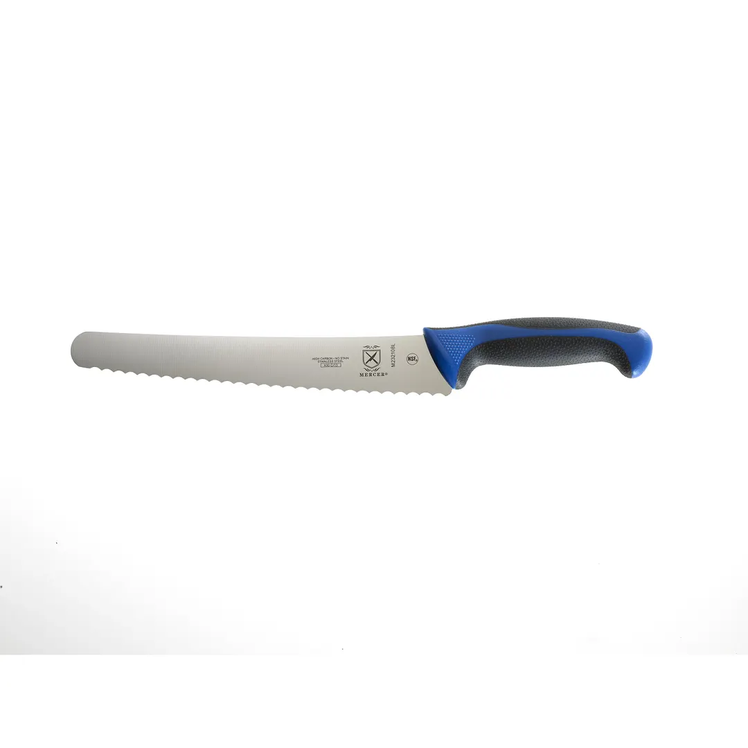 Mercer M23210BL - 10" Bread Knife, Carbon Steel, Blue Santoprene/Polypropylene Handle, Finger Guard
