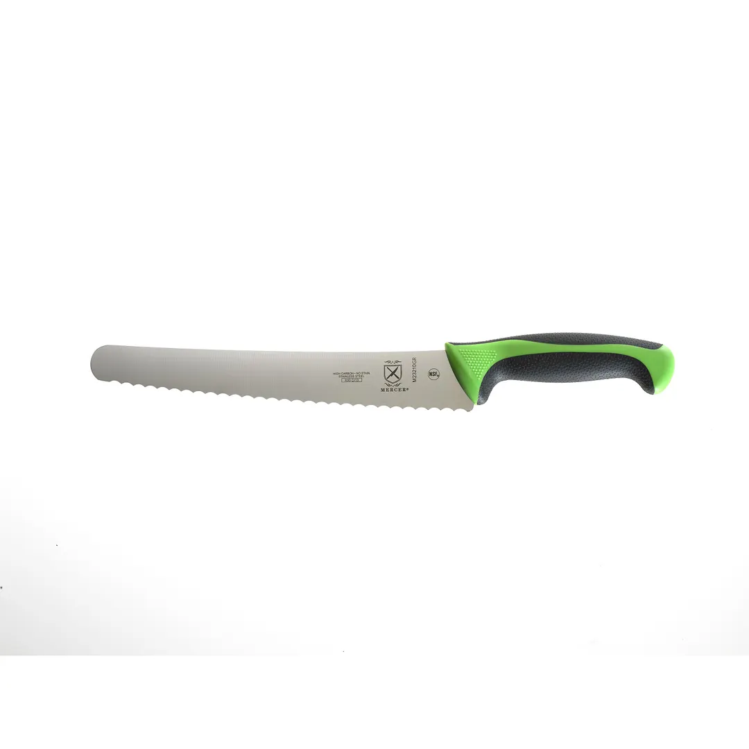Mercer M23210GR – 10" Bread Knife, Stamped Steel Blade, Green Santoprene Handle, NSF