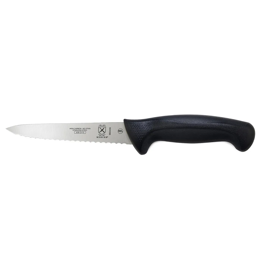 Mercer M23408 Utility Knife, 8" Wavy Edge, Japanese Steel, Black Santoprene Handle With Guard, NSF