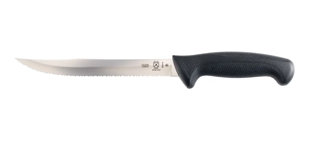 Mercer M23410 8" Tiger Slicer Knife Stamped Jpn Steel, Black NSlip Santoprene Handle with Guard NSF