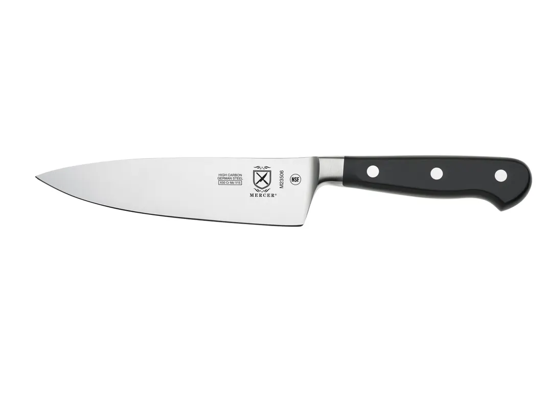 Mercer M23506 Chef Knife, 6" Forged High Carbon Blade, Black Delrin Handle, Triple Rivet, NSF