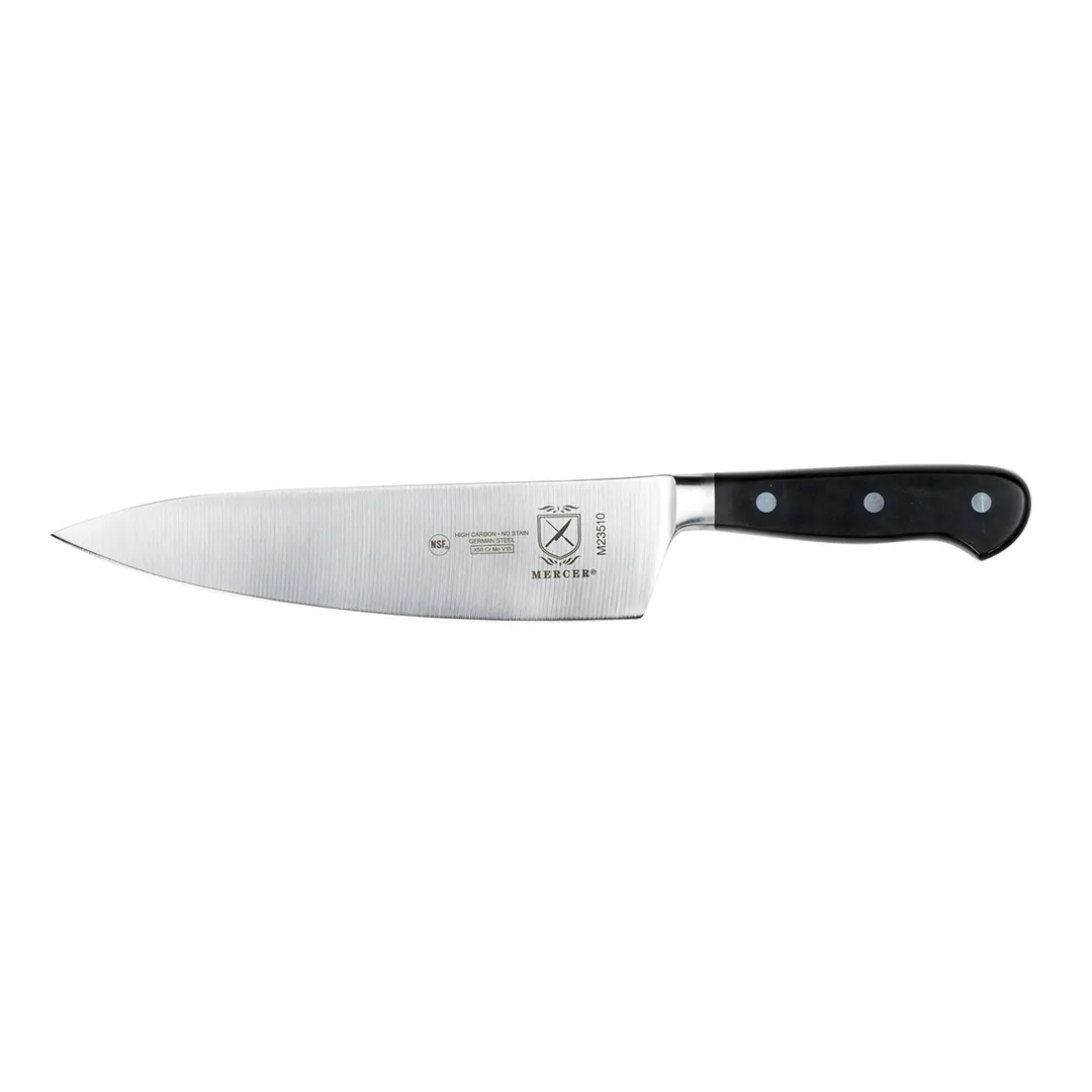 Mercer M23510 Chef Knife, 8" High Carbon German Steel Blade, Black Delrin Handle, NSF