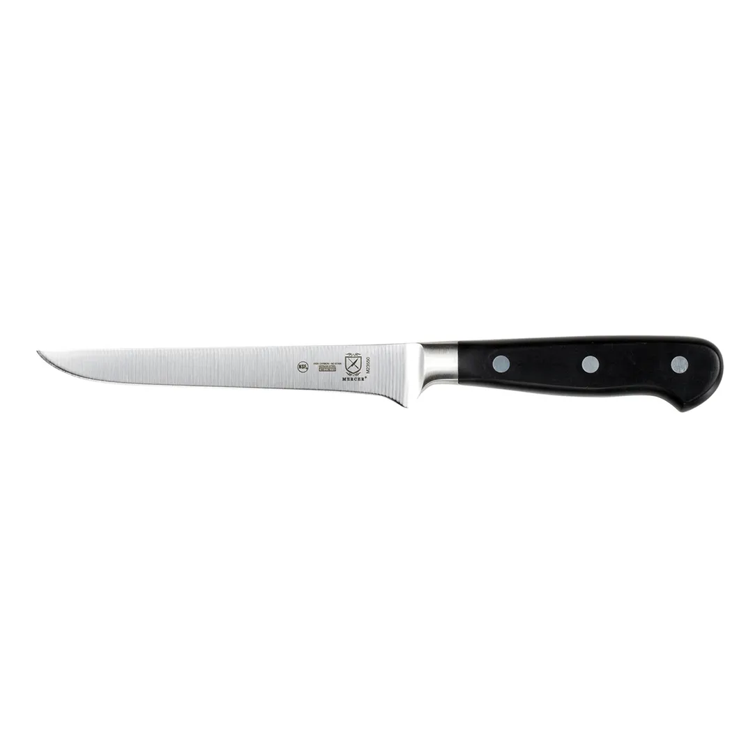 Mercer M23550 Boning Knife, 6" Stiff Forged Carbon Blade, Black‑Delrin, Triple‑Rivet, NSF Certified