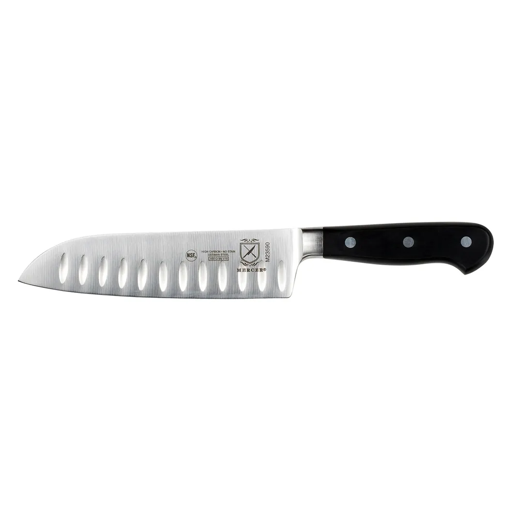 Mercer M23590 Santoku Knife, 7" Granton Edge, Carbon Steel Blade, Triple‑Riveted Delrin Handle, NSF