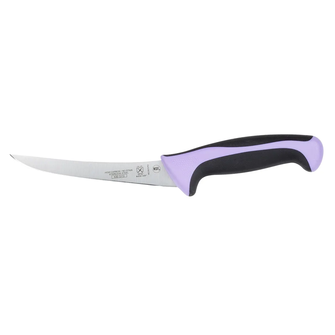 Mercer M23820PU Boning Knife – 6" Curved Stamped Blade, C Steel, Purple Handle, Guard, NSF