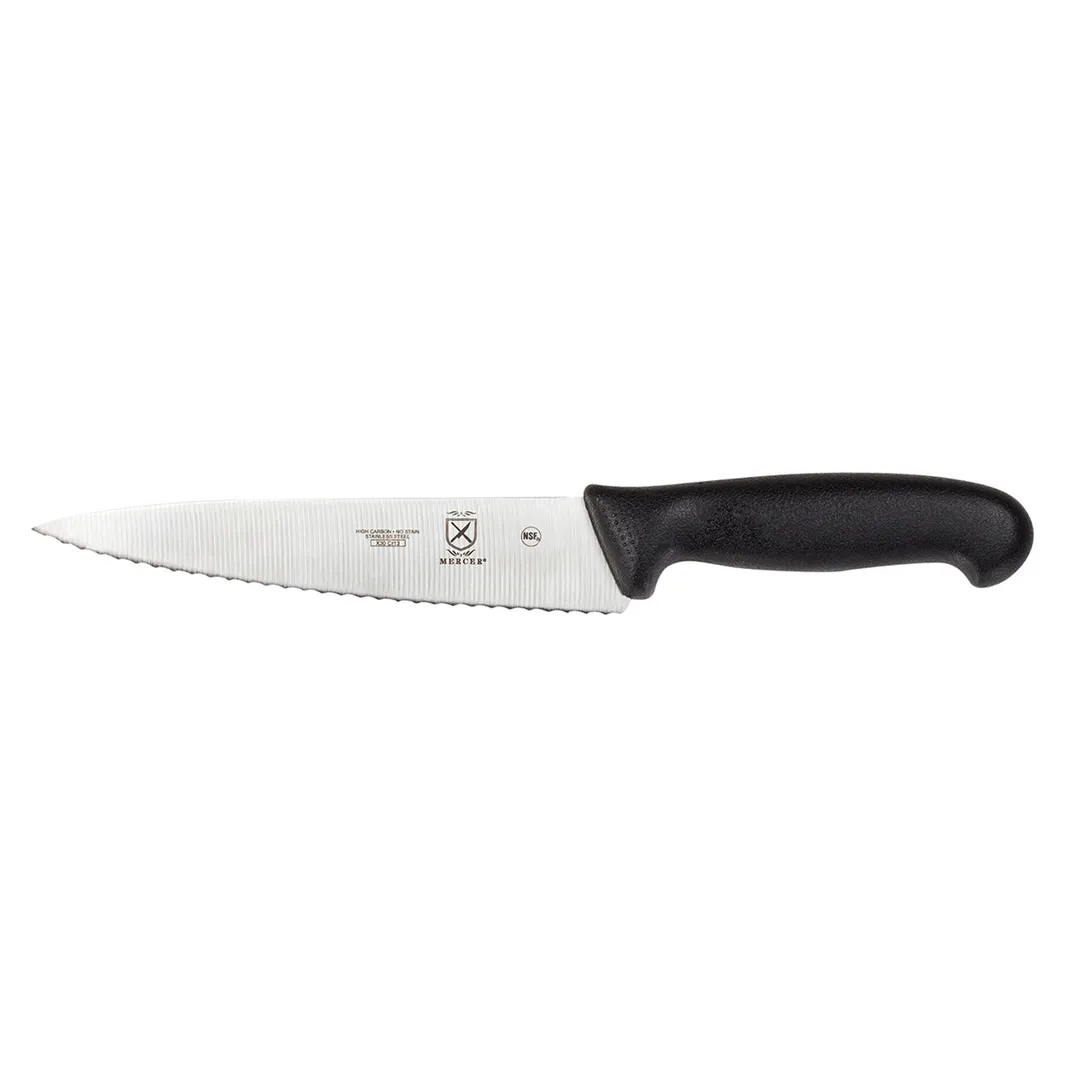 Mercer M23830 Chef Knife – 7.5" Stamped Japanese Steel Blade, Black Handle, Wavy Edge, NSF