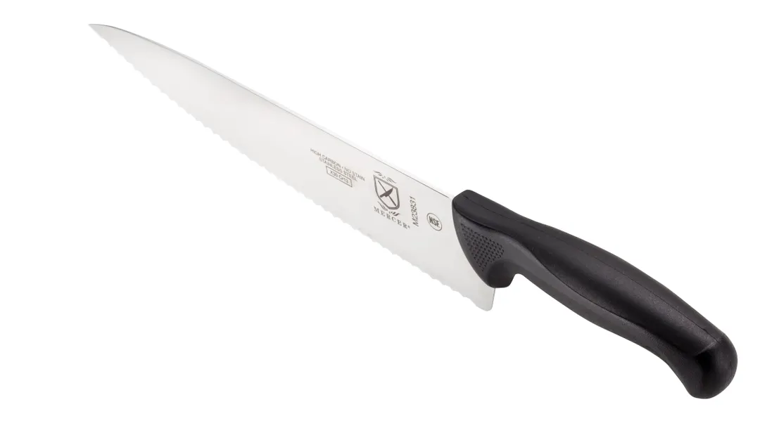 Mercer M23831 Chef Knife, 10" Stamped Wavy Edge, HC Steel, Black Non‑Slip Handle with Guard, NSF