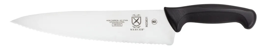Mercer M23831 Chef Knife, 10" Stamped Wavy Edge, HC Steel, Black Non‑Slip Handle with Guard, NSF