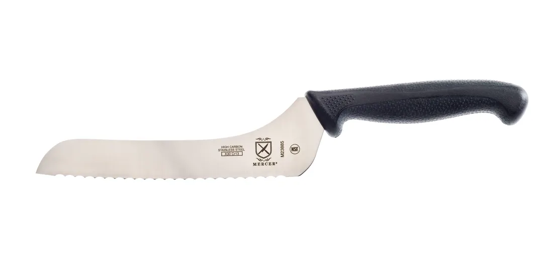 Mercer M23885 Bread Knife, 7" Offset Wavy Edge, Stamped High-Carbon Steel, Black Non-Slip Handle