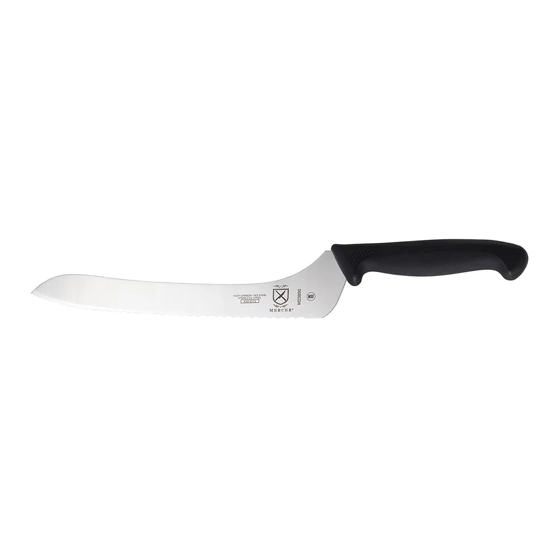 Mercer M23890 9" Bread Knife, Offset Wavy Edge, Steel Blade, Black Santoprene Handle with Guard NSF