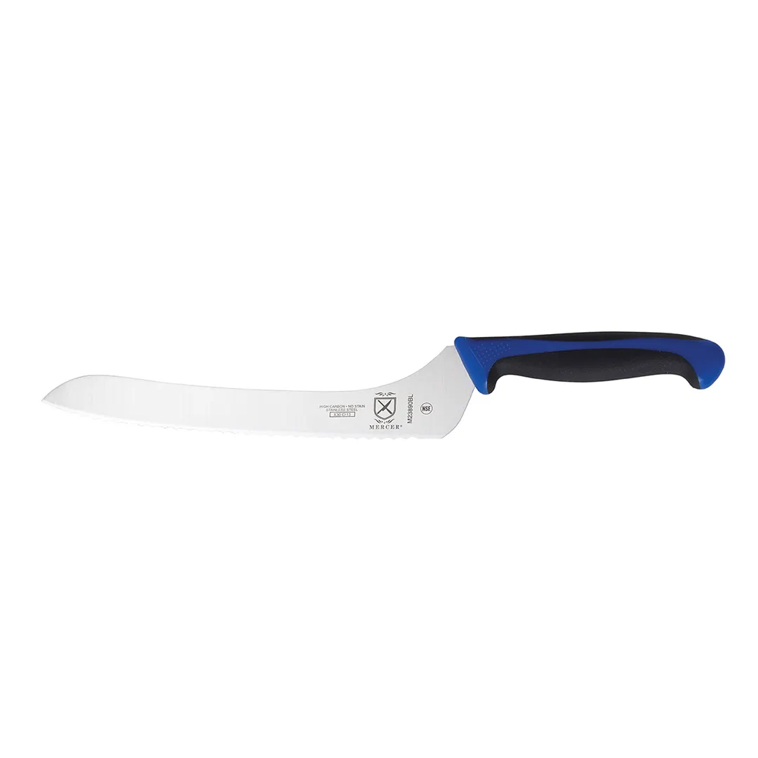 Mercer M23890BL 9" Bread & Sandwich Knife, Carbon Steel Blade, Blue Handle, Wavy Edge, NSF