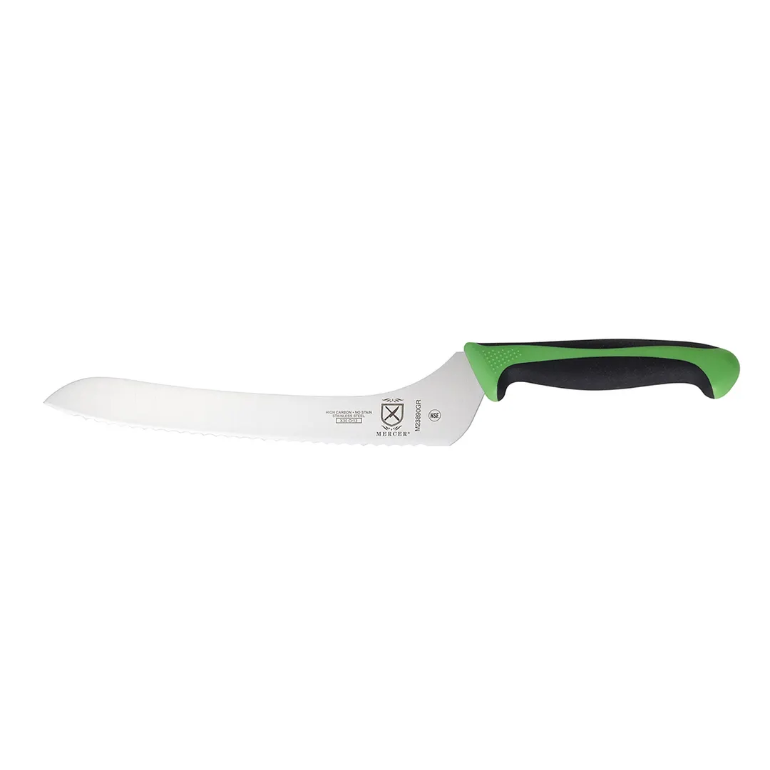 Mercer M23890GR Bread Knife, 9" Stamped Japanese Steel Blade, Green Handle with Finger Guard, NSF