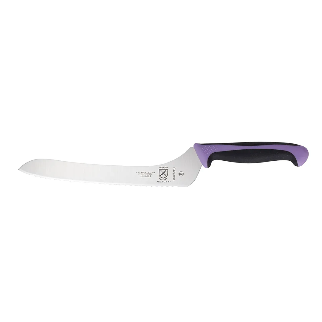 Mercer M23890PU Bread Knife, 9" Stamped Wavy Edge High‑Carbon Steel, Purple Santoprene Handle Guard