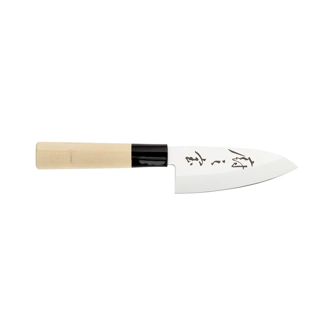Mercer M24204 - Asian Deba Knife, 4" Stamped Carbon Steel Blade, Single Edge 6°/15° Cut, Wood Handle