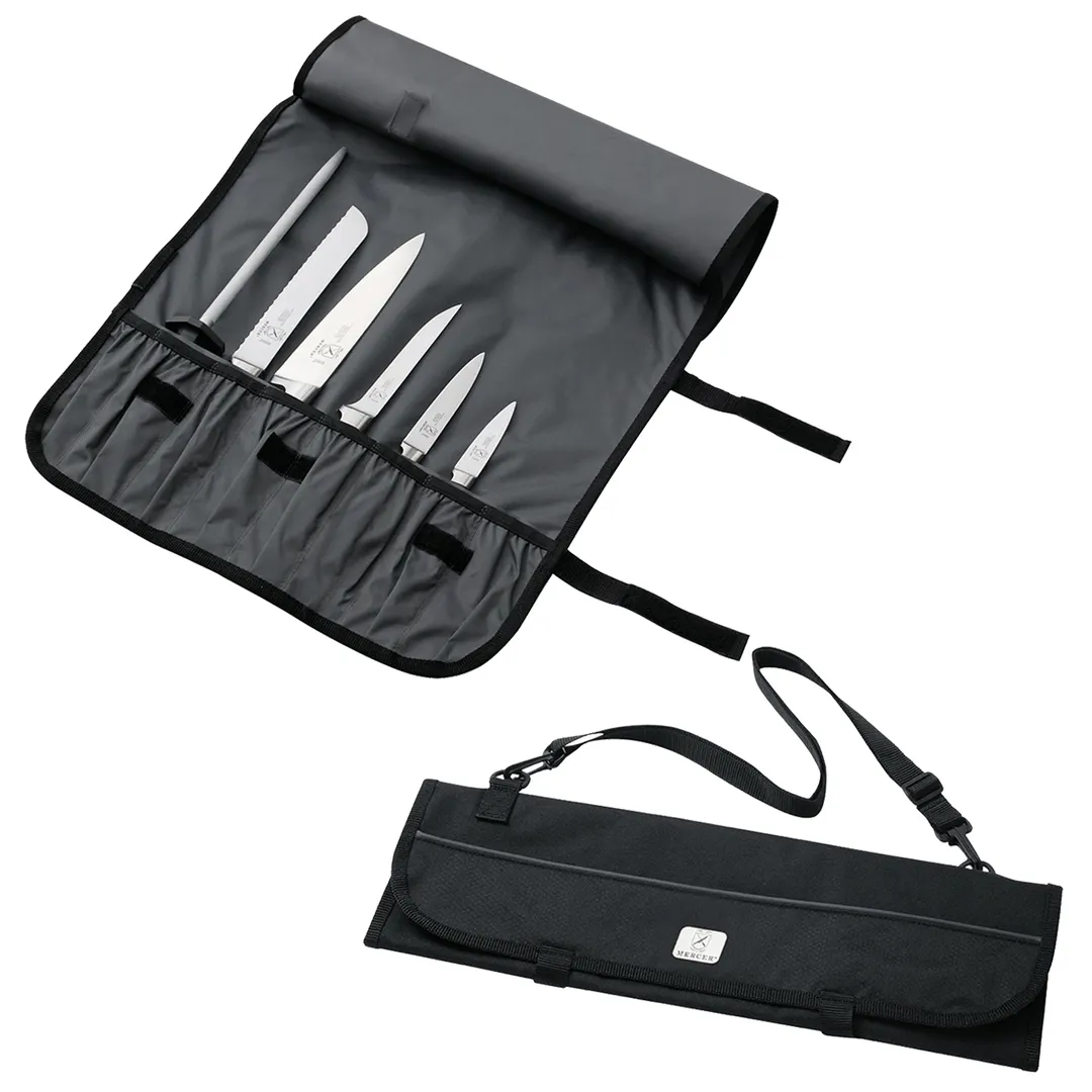 Mercer M30007M Knife Roll - 21" x 8" x 1" Bag, 7 Pockets, Shoulder Strap, Black, 7‑Piece