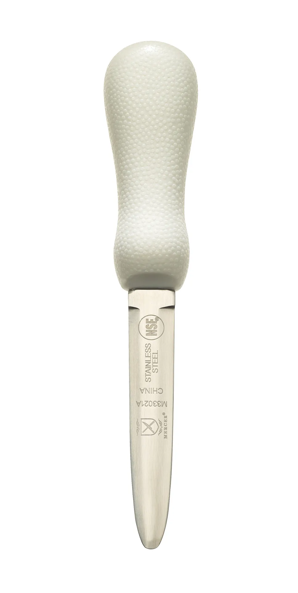 Mercer M33021A Oyster & Clam Knife - Galveston Style 4" Blade, Japanese Steel, White Handle, NSF