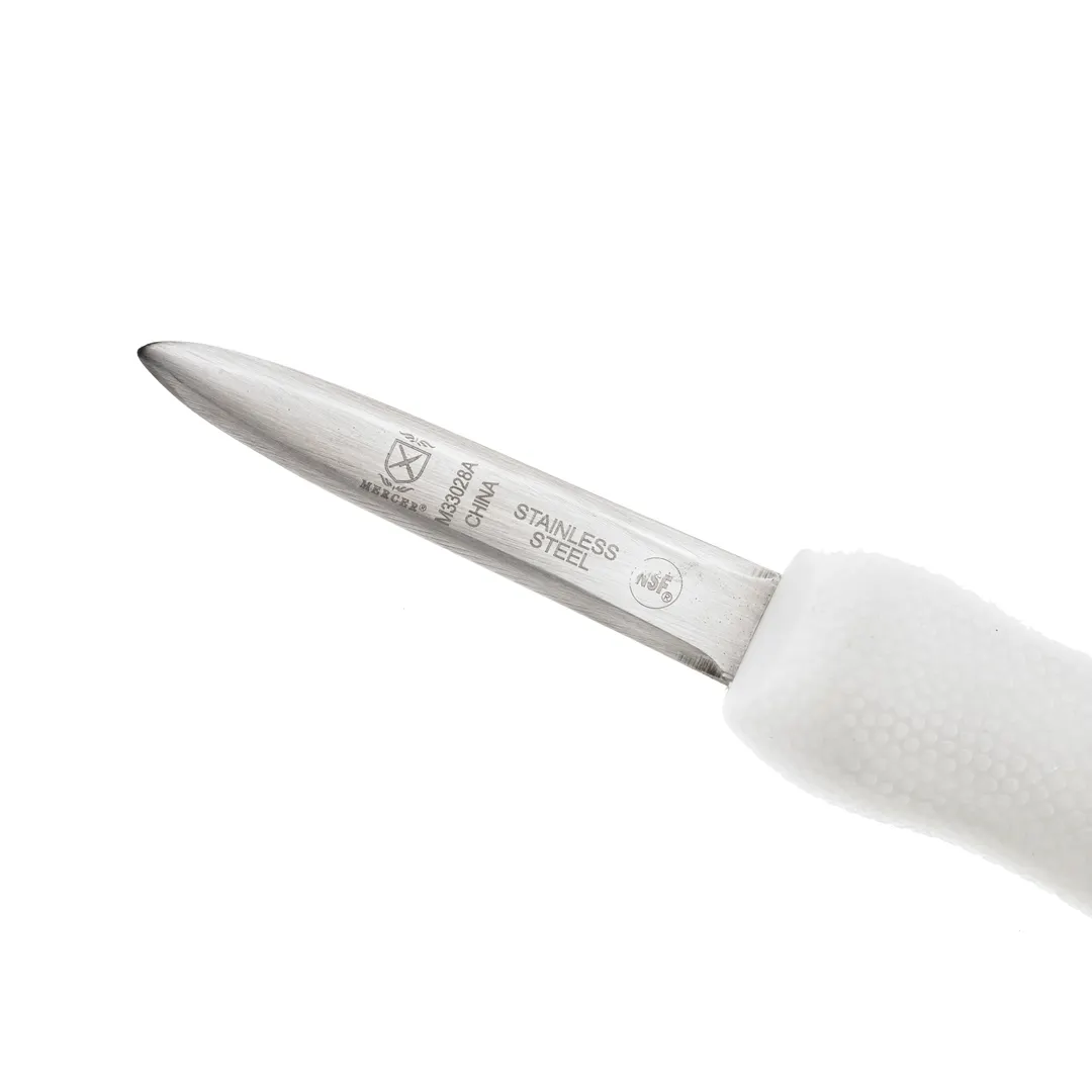 Mercer M33028A Oyster & Clam Knife – Boston Style 3" Blade, Japanese Steel, White Plastic Handle