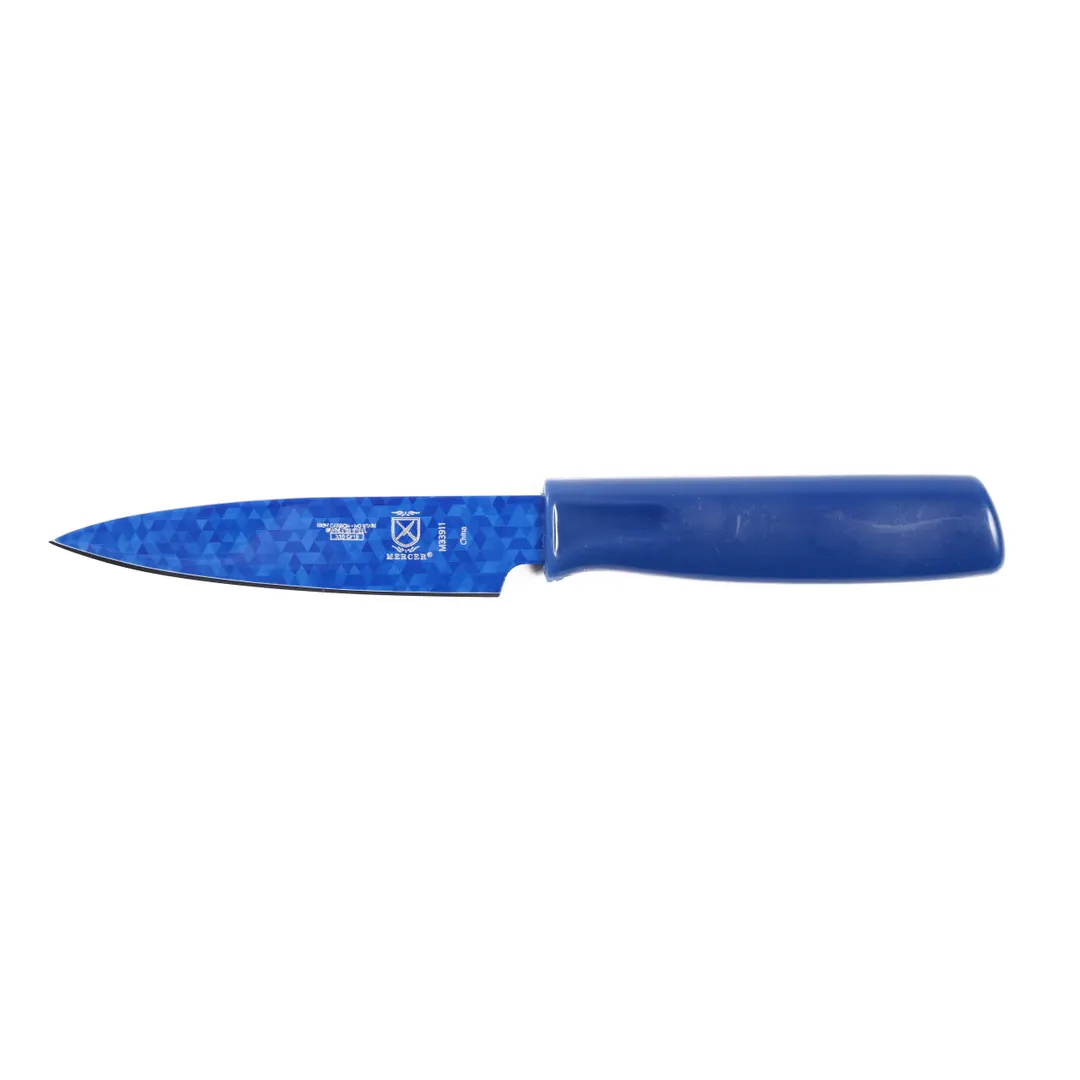 Mercer M33911B Paring Knife - 4" Blue Blade, High-Carbon Steel Non-Stick Coating, ABS Handle, Sheath