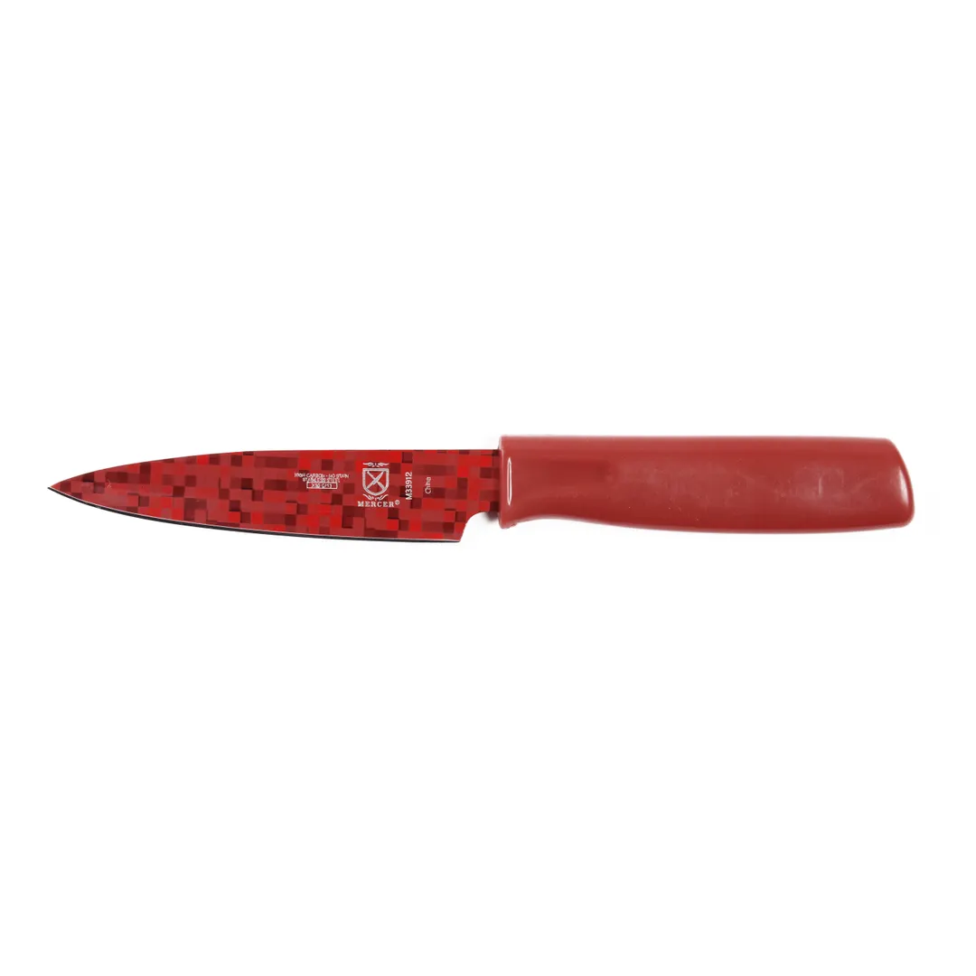 Mercer M33912B Paring Knife - 4" Carbon Steel Blade, Non-Stick Coating, Red ABS Handle, Spear Point