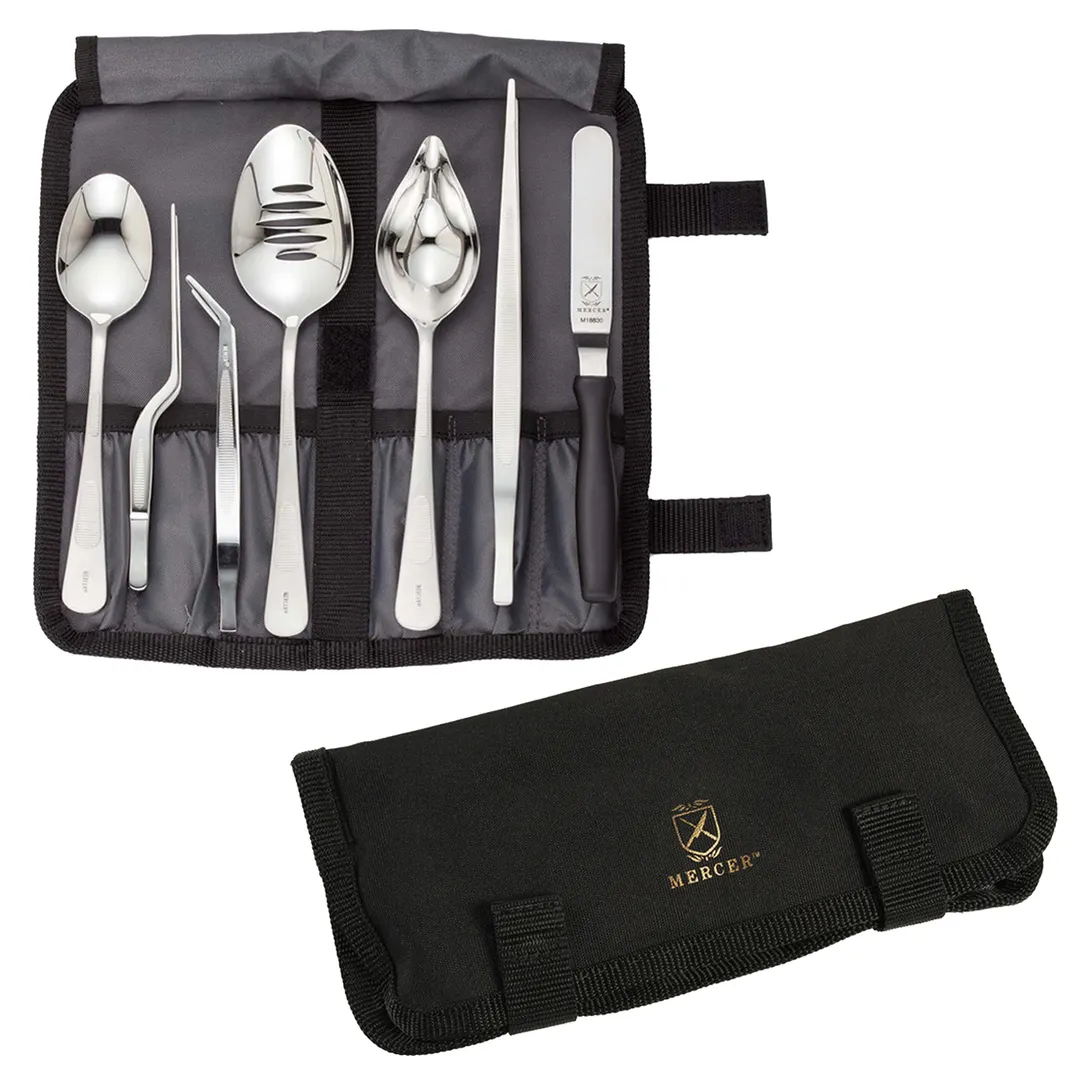Mercer M35149 8-Piece Plating Tool Set, Stainless Steel, 4-1/4"-9⅜", Spatula, Tongs, Spoon, Roll - Set