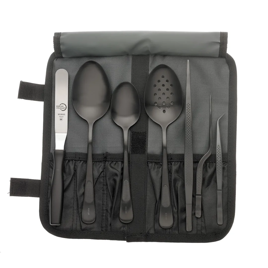 Mercer M35156BK 8-Piece Matte Black Stainless Steel Plating Set Spoons Tongs Spatula Roll Bag - Set