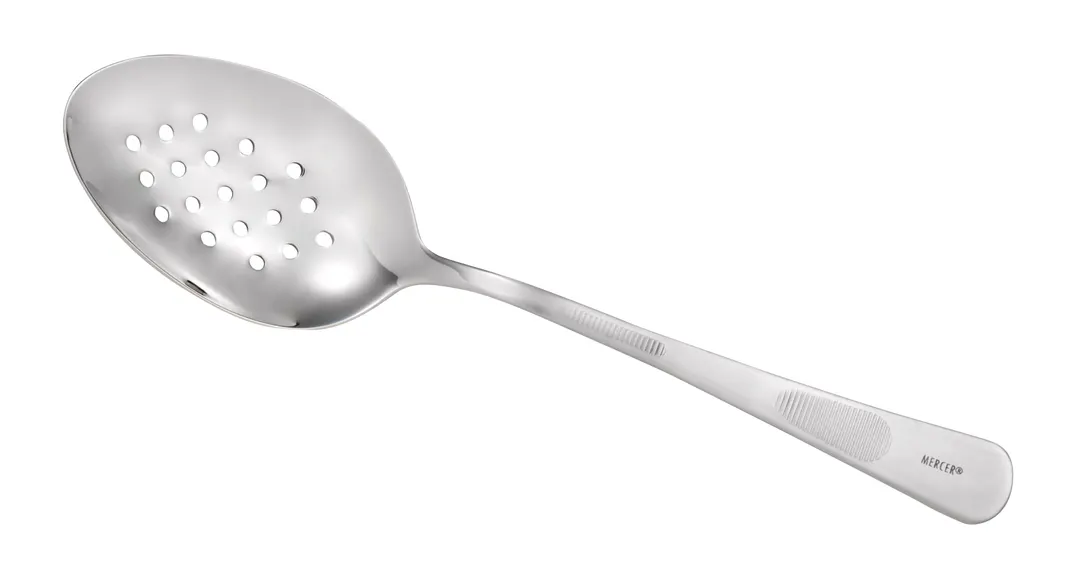 Mercer M35161 Plating Spoon 7-7/8" Perforated Bowl Deep Micro-Serration Stainless Steel Satin Handle