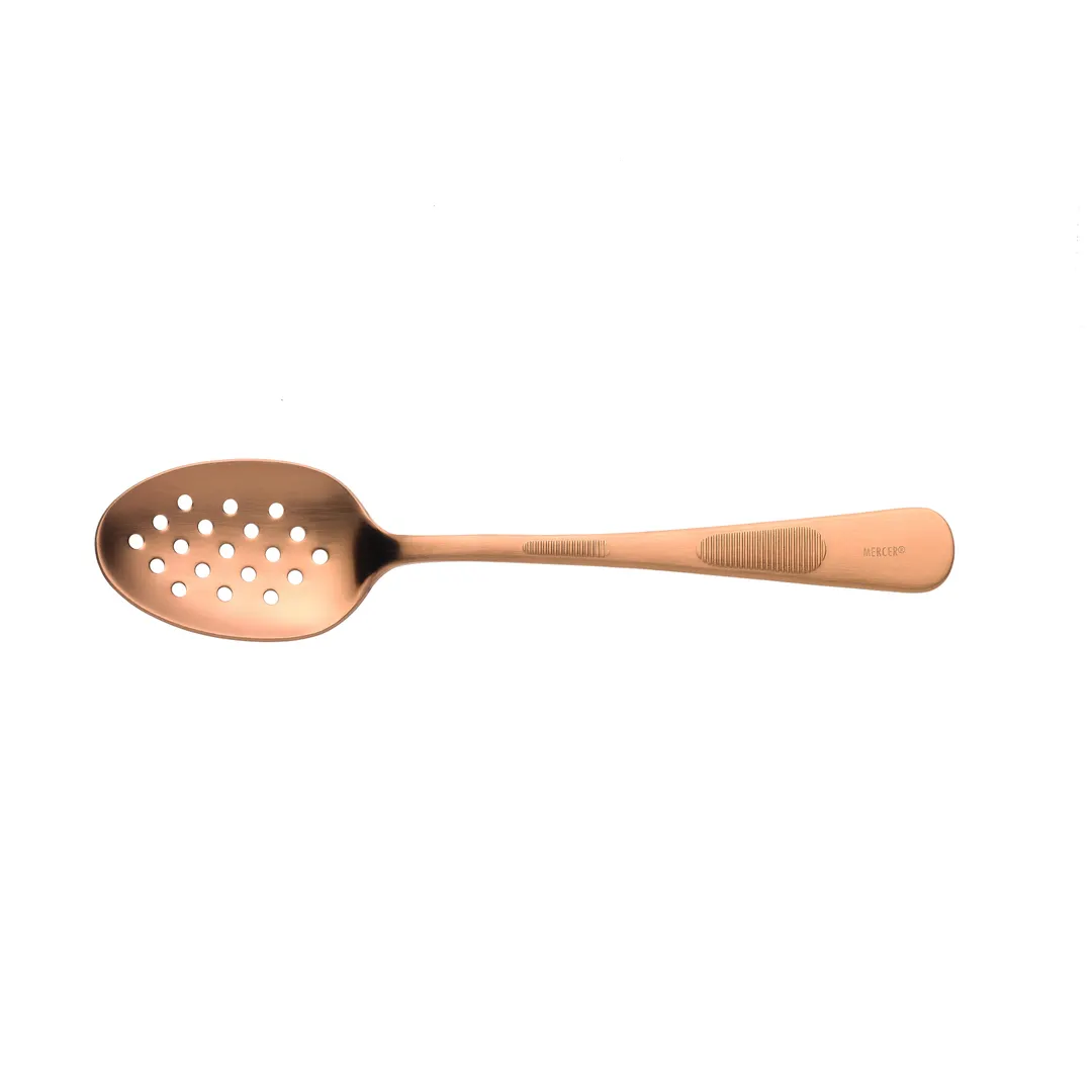 Mercer M35161RG 7-7/8" Satin Rose Gold Plating Spoon with Perforated Deep-Well Bowl, 18/8 Steel