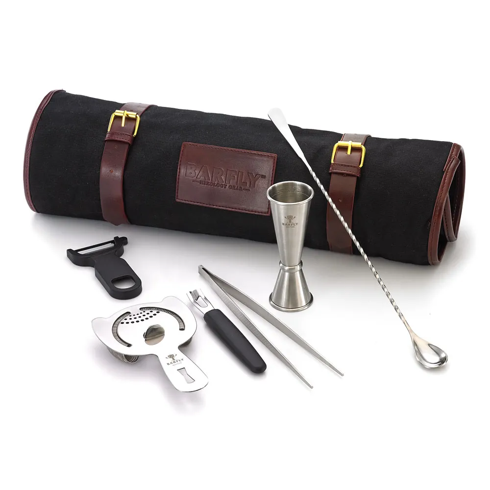 Mercer M37100 – Roll 1‑2 oz Jig., 13‑3/16" Spoon, Strainer, 9‑3/8" Tong, Black Y‑Peeler, Knife Steel