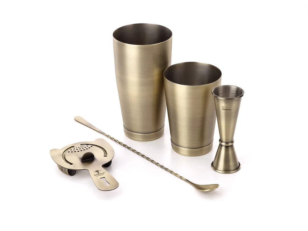 Mercer M37101ANG 5-Piece Set - F/H Shakers, 1-2 oz Jigger, 13" Spoon, Strainer, 18/8 SS, Gold-Plated