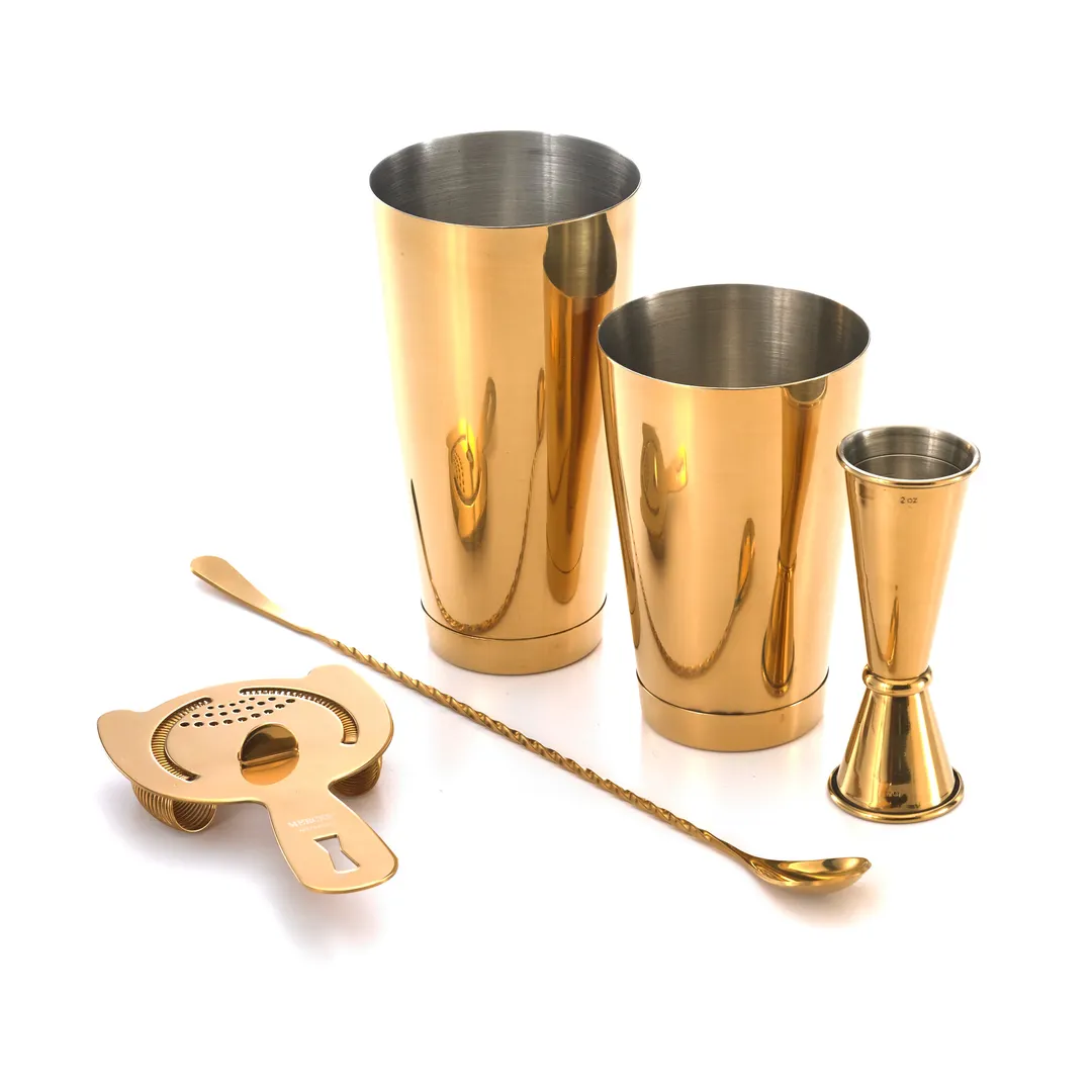 Mercer M37101GD Barfly Basics 5-Pk - Shaker, 1-oz/2-oz Jigger, 13-3/16" Spoon, Strainer, 18/8 SS Gold