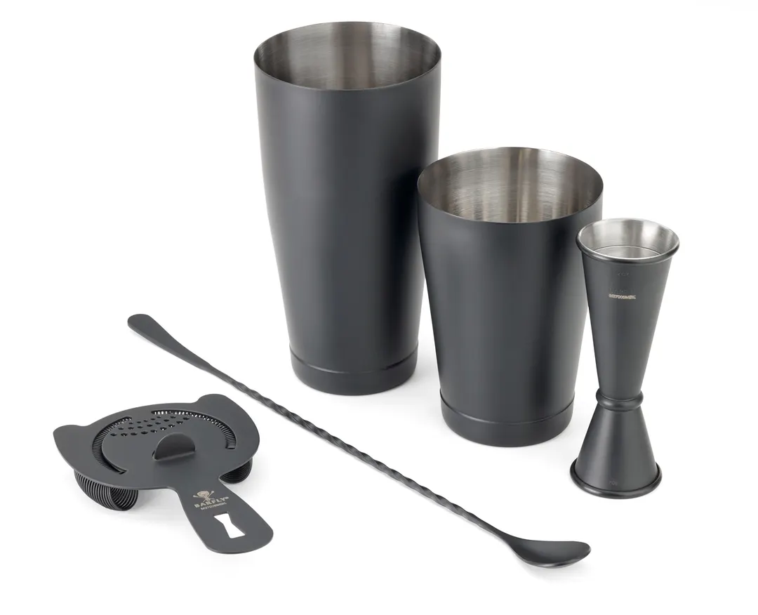 Mercer M37101MBK 5-Pc Set - Shakers, 1-2 oz Jigger, 13-3/16" Spoon, Strainer, 18/8 SS, Black - Set