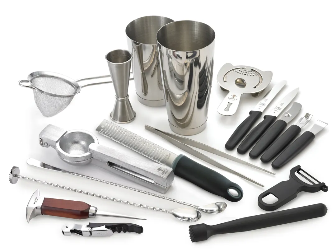 Mercer M37102 Barfly Deluxe 18-Piece Bartender Set, 9-3/8" Tong, 11-13/16" Spoon, Strainer, Juicer