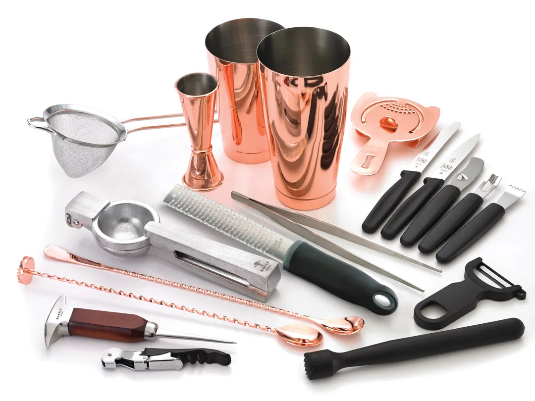 Mercer M37102CP 18-Piece Bartender Kit, 13-3/16" Spoon, 9-3/8" Tong, 18/8 Core, Copper‑Plated