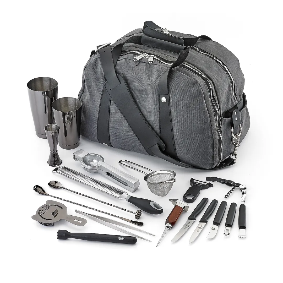 Mercer M37103BK Barfly II 18‑Piece Bartender Kit, 18/8 Stainless, Black‑Plated, Mixology Bag