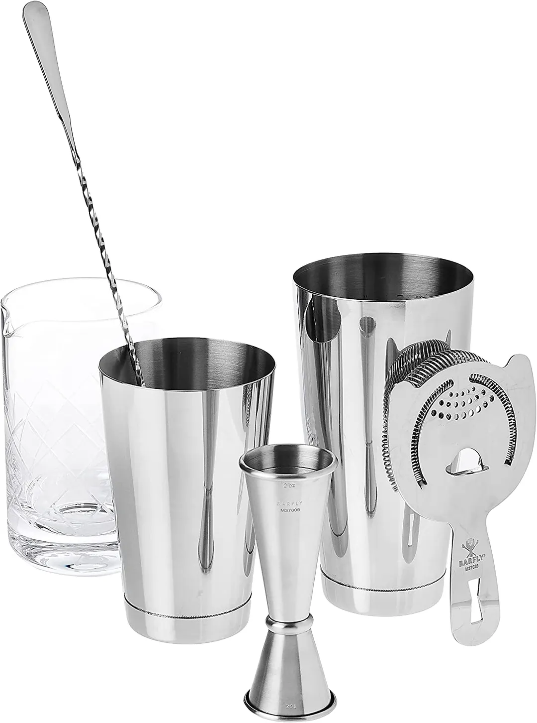 Mercer M37131 Set – 18/28 Oz Shakers, 17 Oz Glass, 1 & 2 Oz Jiggers, 13‑3/16" Spoon/Strainer, SS