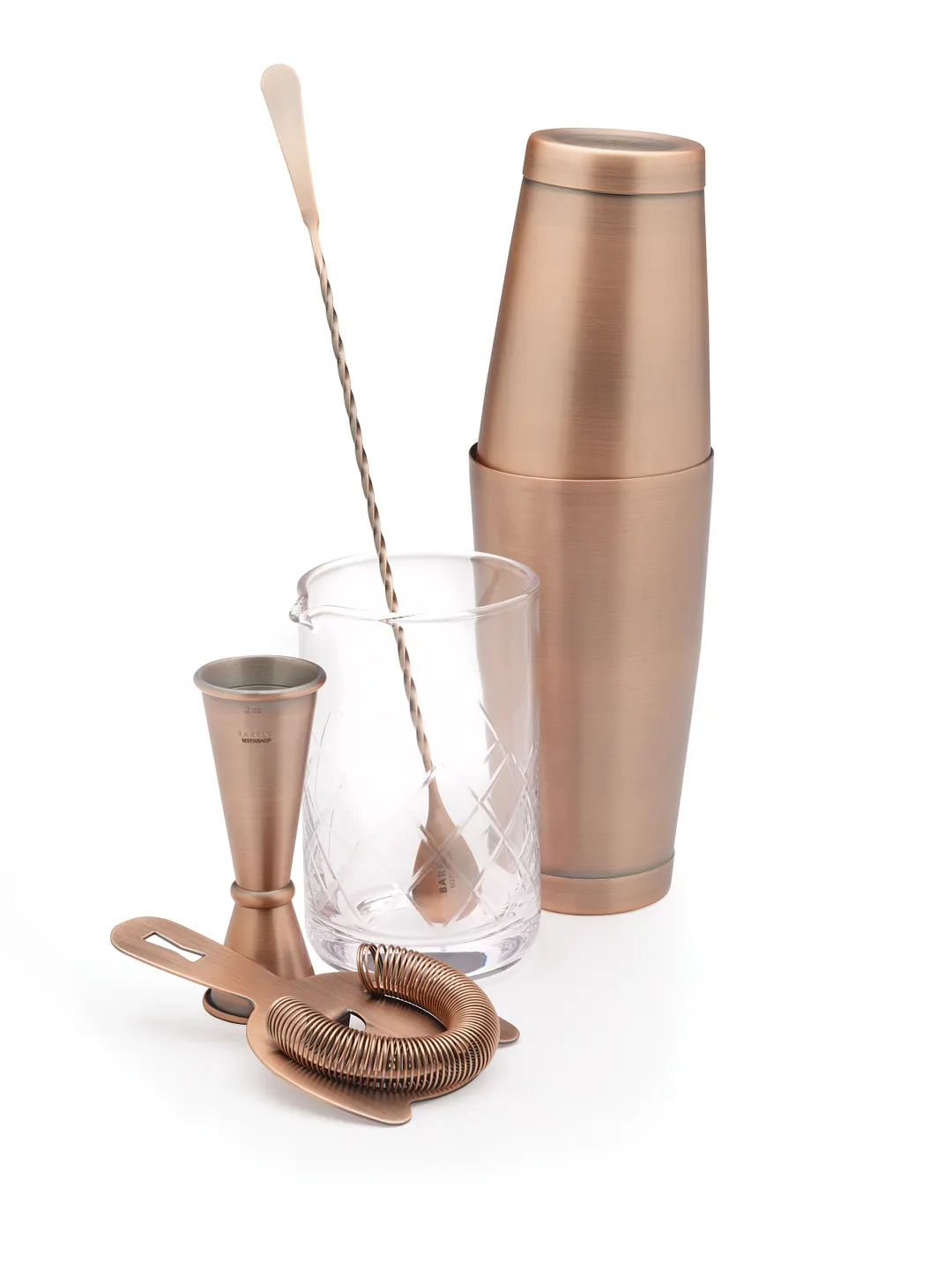 Mercer M37131ACP – 18/28 Shakers, 17 Glass, 1 & 2 oz Jigger, 13‑3/16" Spoon, Strainer, Copper