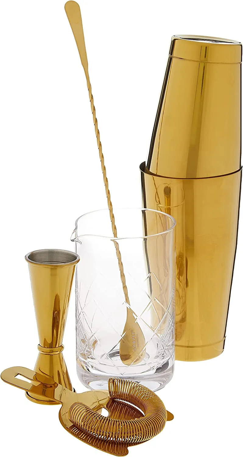 Mercer M37131GD 5-Piece Set: 18 & 28 oz Shakers, 17 oz Glass, 1/2 oz Jigger, 13-3/16" Spoon, Gold