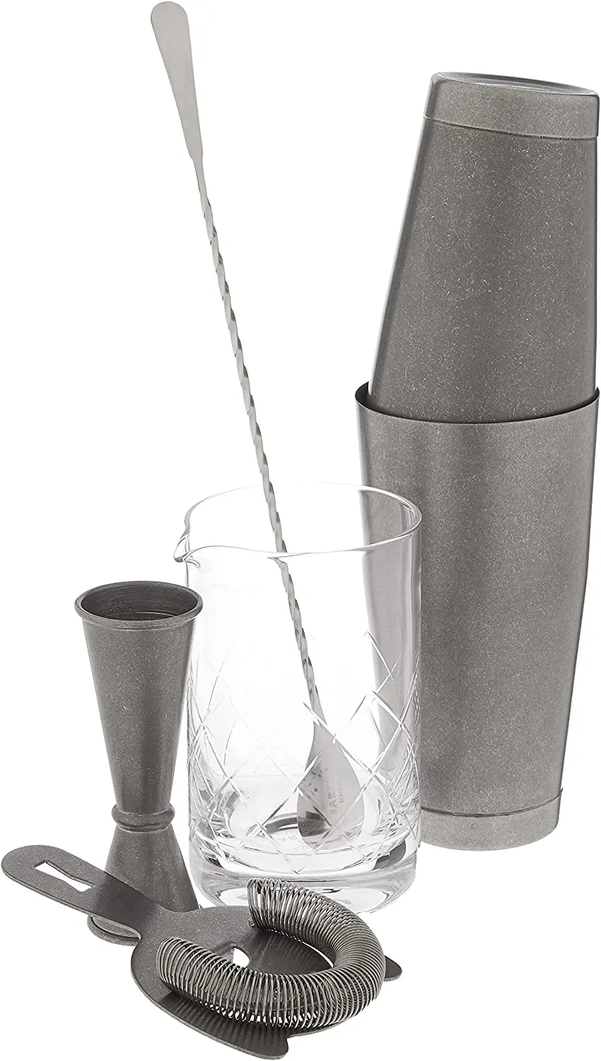 Mercer M37131VN Set – 17‑24 Oz, 18/28 Oz Shakers, 13‑3/16" Spoon, 1‑2 Oz Jigger, Stainless Finish