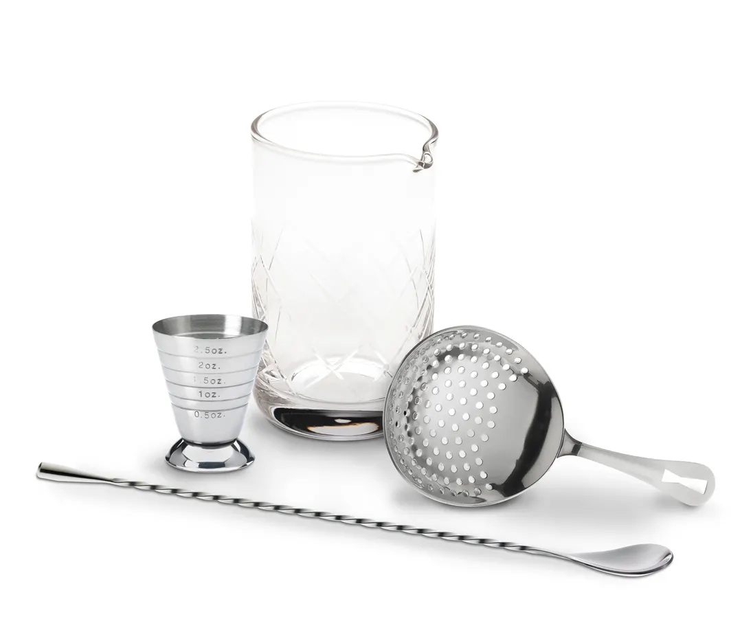 Mercer M37132 Barfly 4-Piece Set, 17 oz Glass, 2.5 oz Cup, 11-13/16" Spoon, Strainer, Steel
