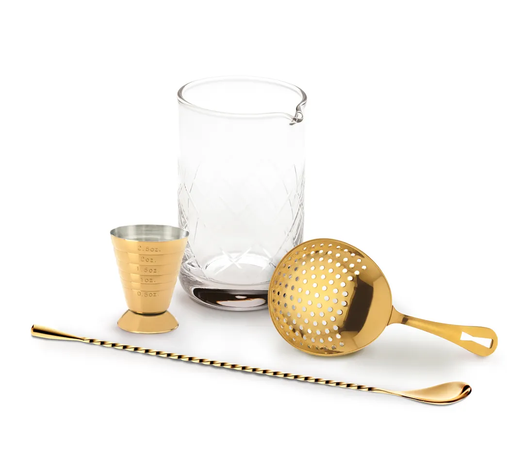 Mercer M37132GD Barfly 4-Piece Set - 17 oz Glass, 2.5 oz Cup, 11-13/16" Spoon, Gold Strainer, 1-8 oz