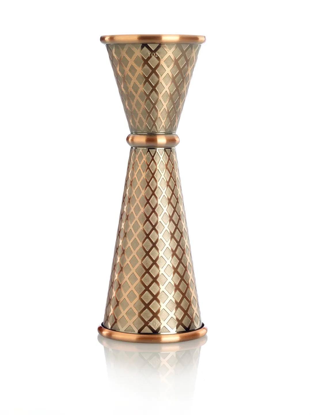 Mercer M37202ACP Barfly Diamond Lattice Jigger, 1-oz / 2-oz Steel, Copper-Plated, Internal Markings
