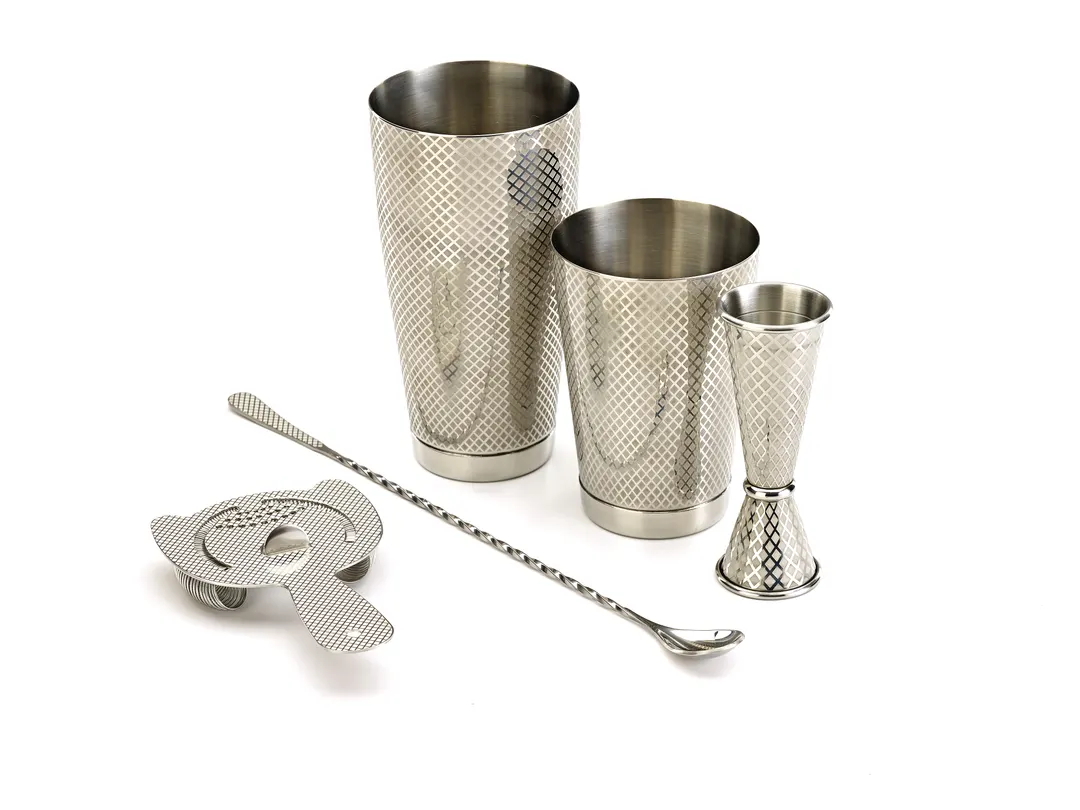 Mercer M37206 Barfly 5‑Piece Set Full/Half Shakers, 1/2 oz Jigger, 13‑3/16" Spoon, Strainer, Steel