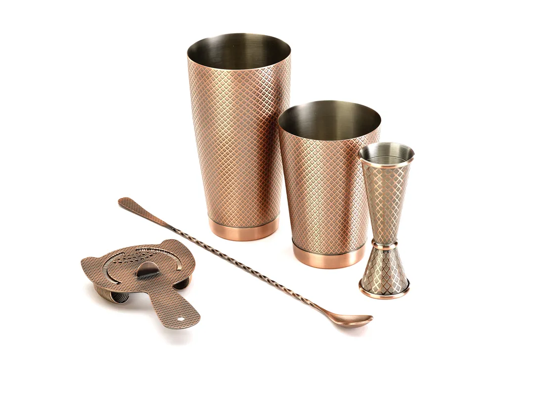 Mercer M37206ACP Barfly Set, 5-Piece Shakers, 1-2 Oz Jigger, 13-3/16" Spoon, 18/8 SS, Copper