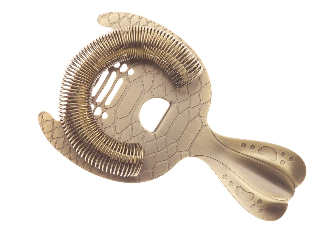 Mercer M37305SPTABR Bar Strainer – 6" 2‑Prong, Replaceable Spring, 18/8 Stainless Core Bronze