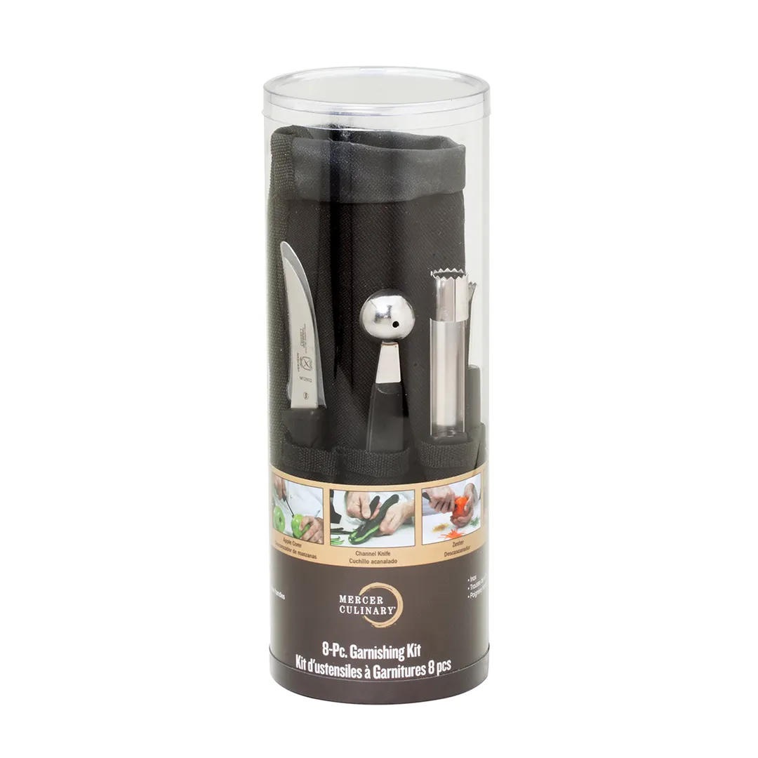 Mercer M40000P 8-Piece Garnish Set – 2½" Peeling Knife, Melon Baller, Peeler, Storage Roll