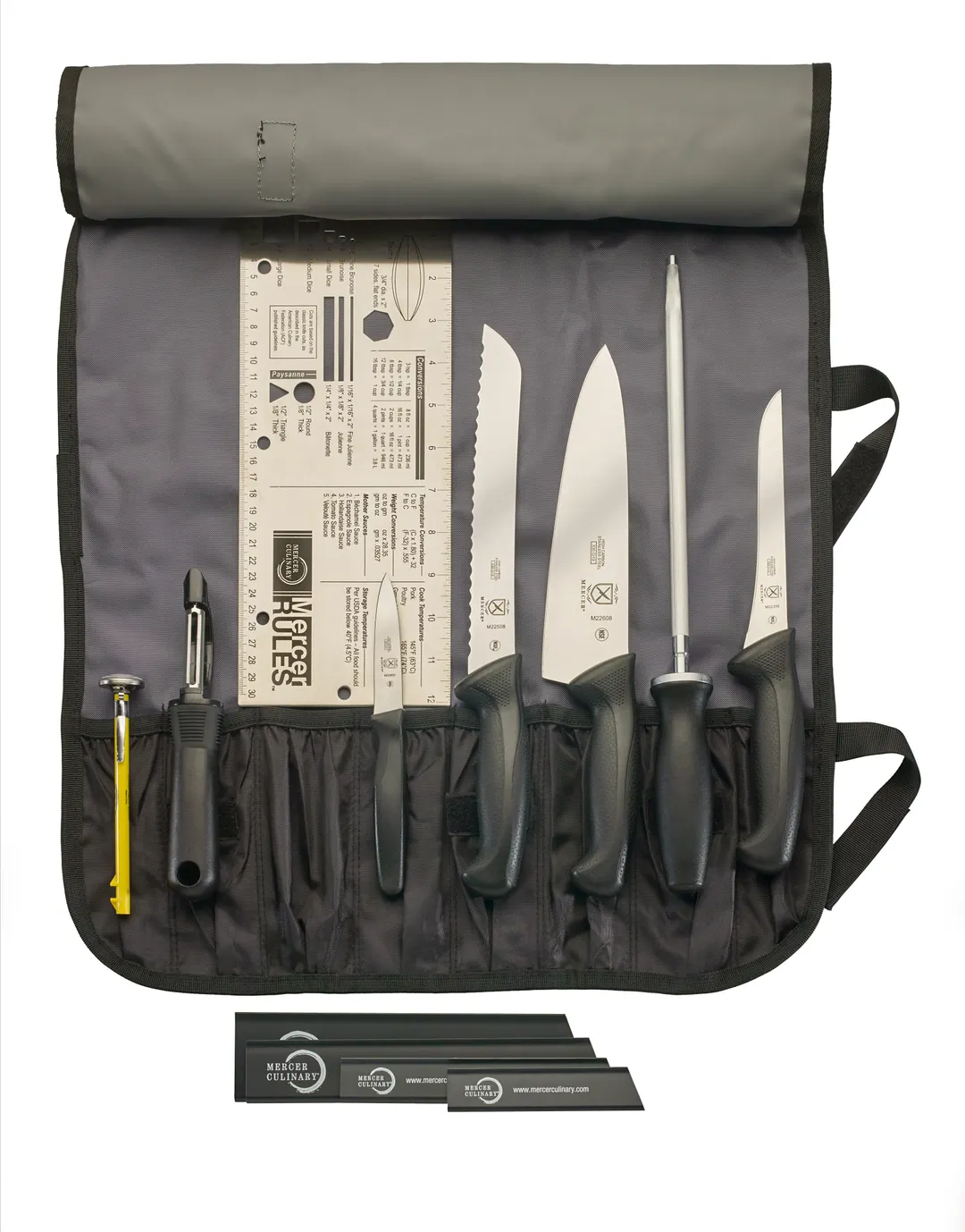 Mercer M4SET2 Set, 3" Paring, 6" Boning, 8" Chef/Bread, 10" Steel, Ruler/Thermo, Roll/Peeler - 1/Bag
