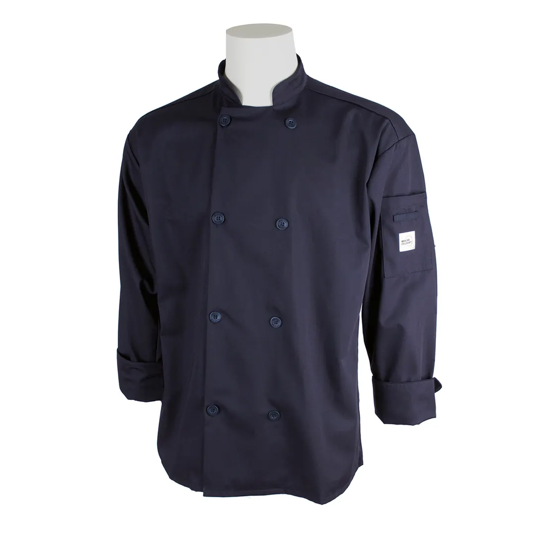 Mercer M60010NBS Chef Jacket, Small Navy Blue, Cotton-Poly Twill, Long Sleeve, 8 Buttons, Pocket