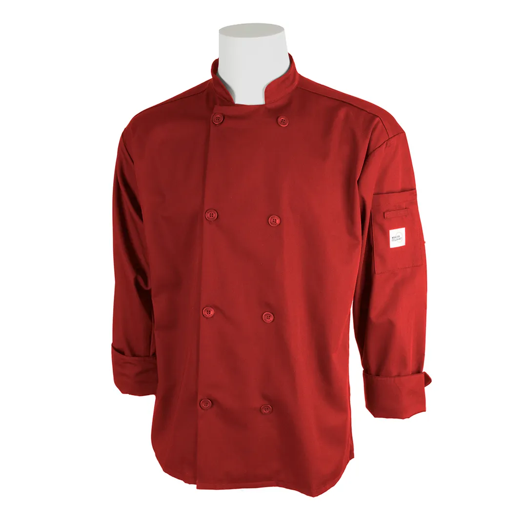 Mercer M60010RDS Chef Jacket, Red, S, Sleeve, 65/35 Cotton‑Poly Twill, 8 Buttons, Shoulder Pocket